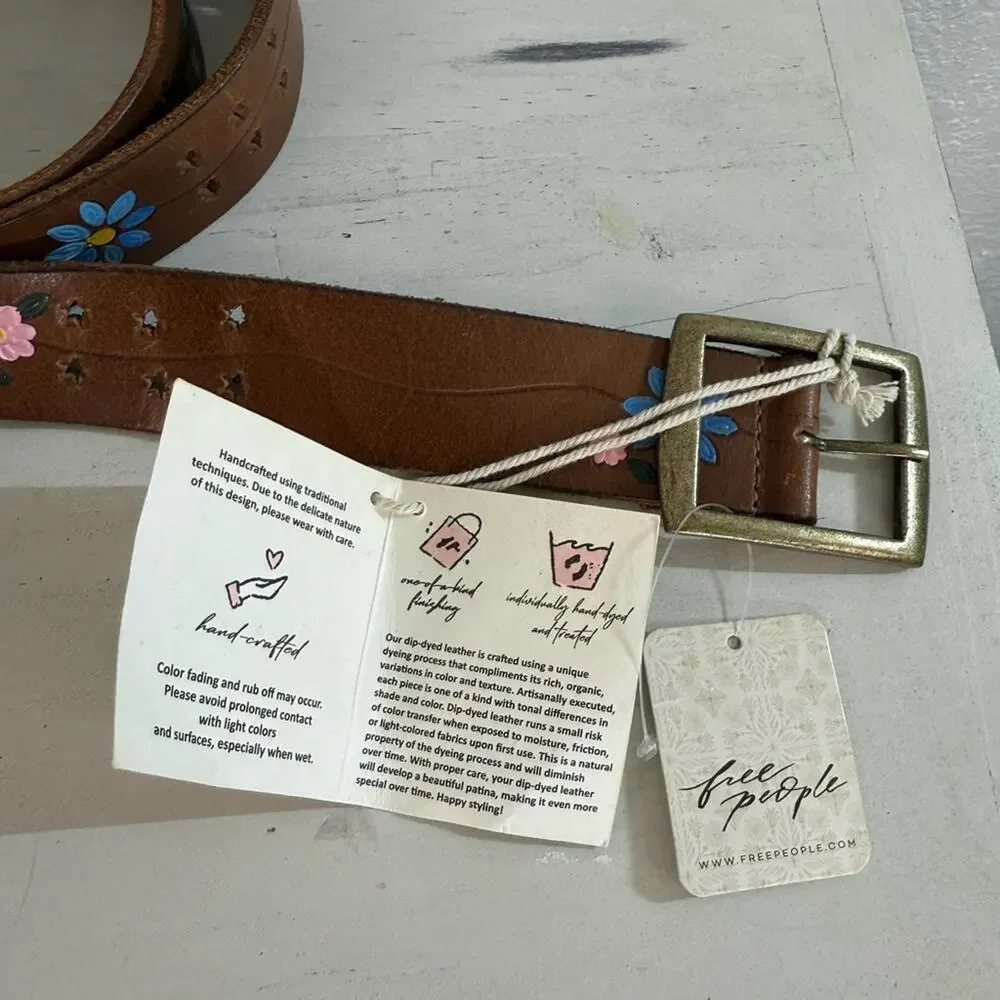 NWT Free People Eye Candy Leather Belt in Ground Clover Floral Accents Boho